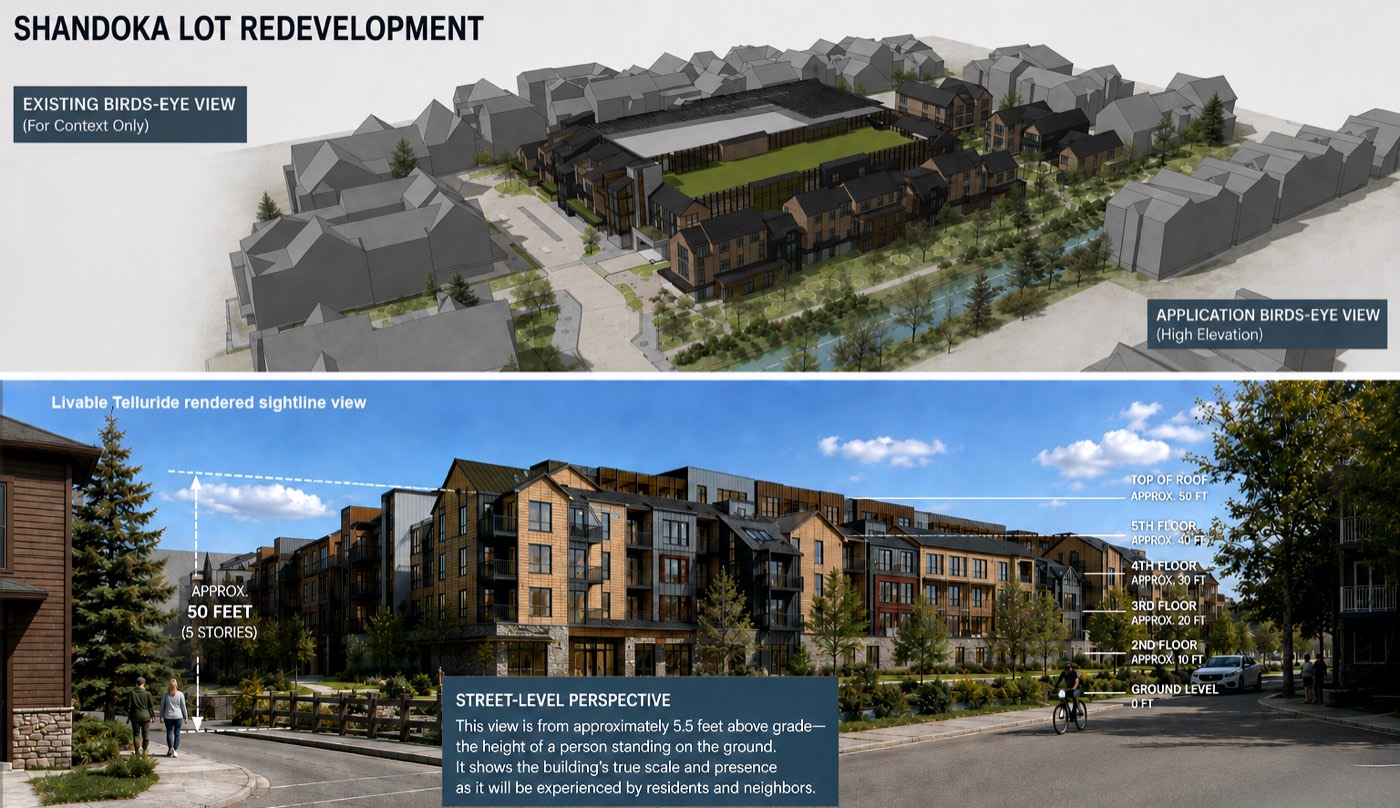Two views of the proposed Shandoka Lot redevelopment. Above, the application's birds-eye view from a high elevation. Below, a street-level view from Black Bear Road showing the buildings at approximately 50 feet, or five stories, as a person standing on the ground would see them.