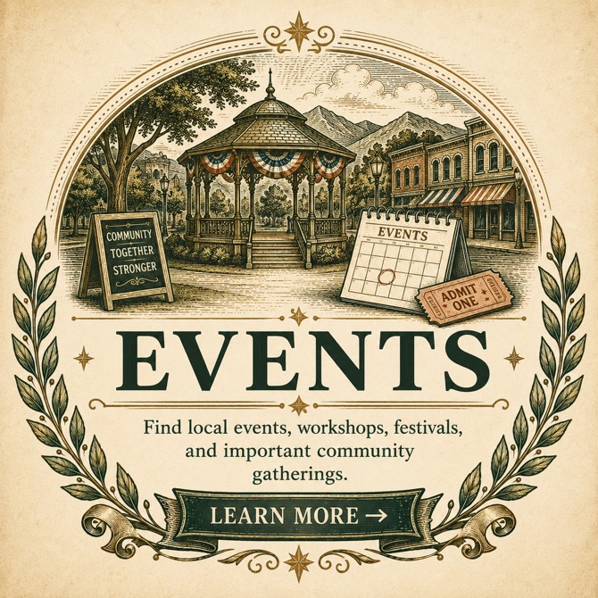 Vintage engraved Events emblem with town gazebo, calendar, ticket, mountains, and laurel branches
