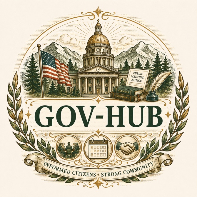 Vintage engraved Gov-Hub emblem with capitol building, public meeting notice, agenda books, flag, and laurel branches