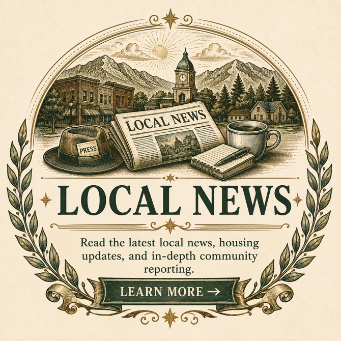 Vintage engraved Local News emblem with newspaper, small town, mountains, press hat, coffee cup, and laurel branches
