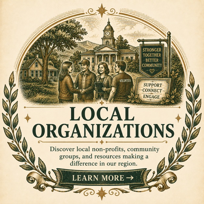 Vintage engraved Local Organizations emblem with community members, civic building, banners, and laurel branches