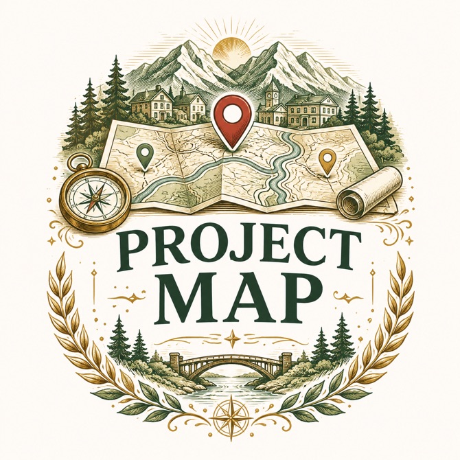 Vintage illustrated Valley Project Map emblem with mountains, map, and project pins